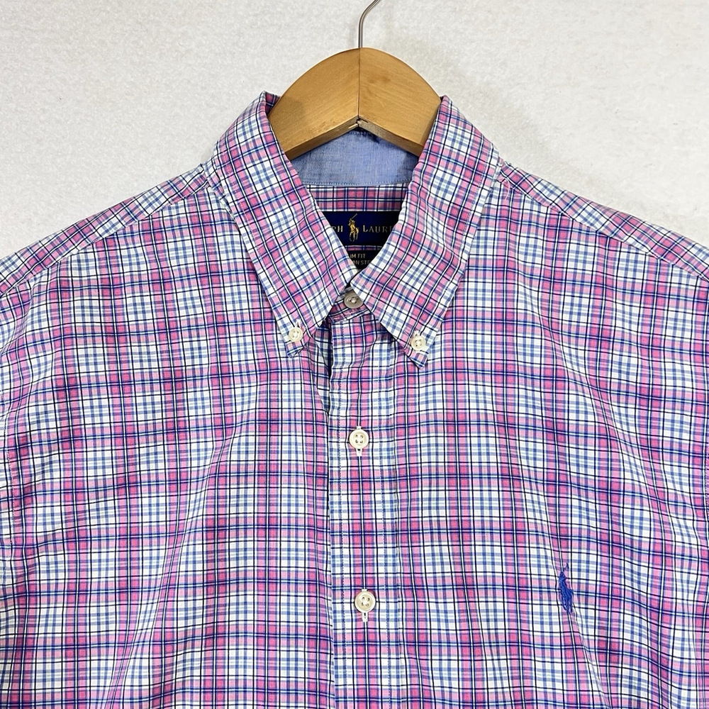 Polo Ralph Lauren Shirt Mens Large Pink White Plaid Slim Fit Preppy Pony